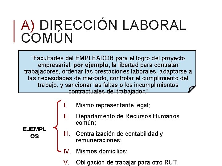 A) DIRECCIÓN LABORAL COMÚN “Facultades del EMPLEADOR para el logro del proyecto empresarial, por