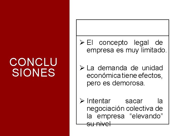 Ø El concepto legal de empresa es muy limitado. CONCLU SIONES Ø La demanda