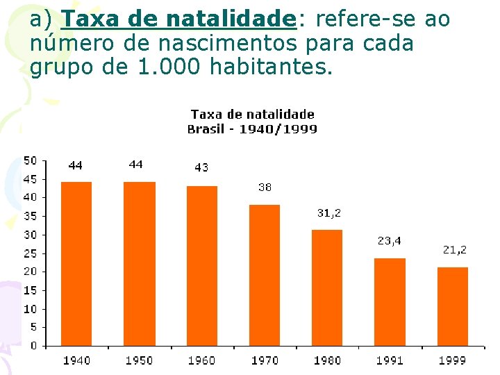 a) Taxa de natalidade: refere-se ao número de nascimentos para cada grupo de 1.