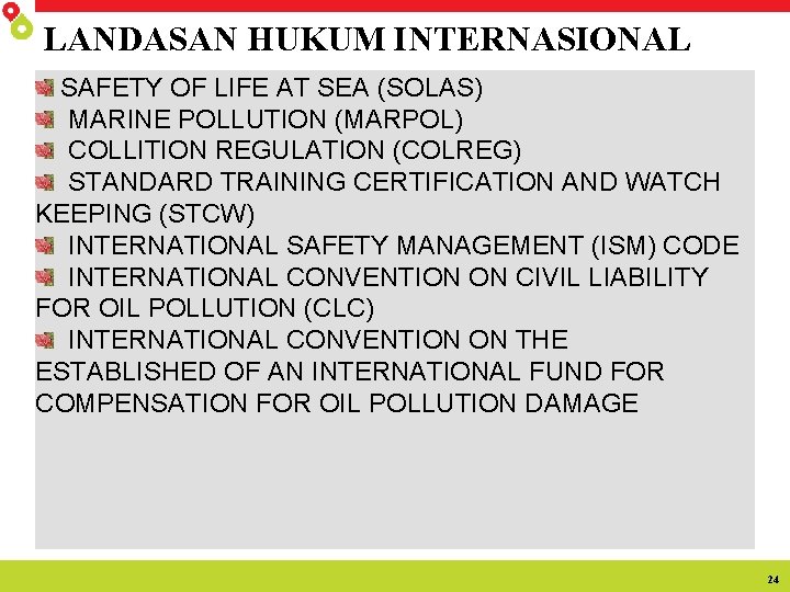 LANDASAN HUKUM INTERNASIONAL SAFETY OF LIFE AT SEA (SOLAS) MARINE POLLUTION (MARPOL) COLLITION REGULATION