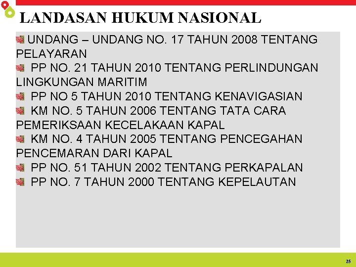 LANDASAN HUKUM NASIONAL UNDANG – UNDANG NO. 17 TAHUN 2008 TENTANG PELAYARAN PP NO.