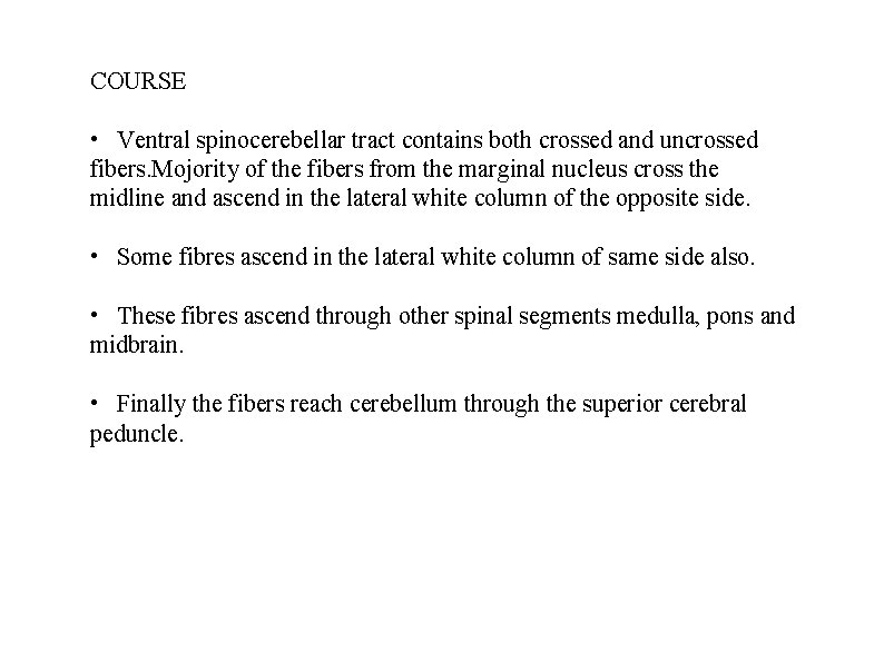 COURSE • Ventral spinocerebellar tract contains both crossed and uncrossed fibers. Mojority of the