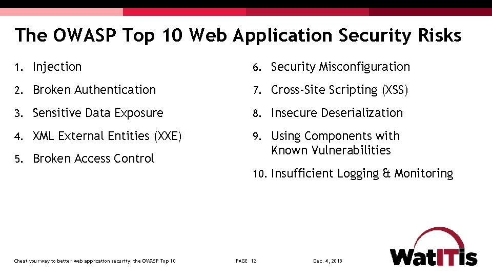 The OWASP Top 10 Web Application Security Risks 1. Injection 6. Security Misconfiguration 2.