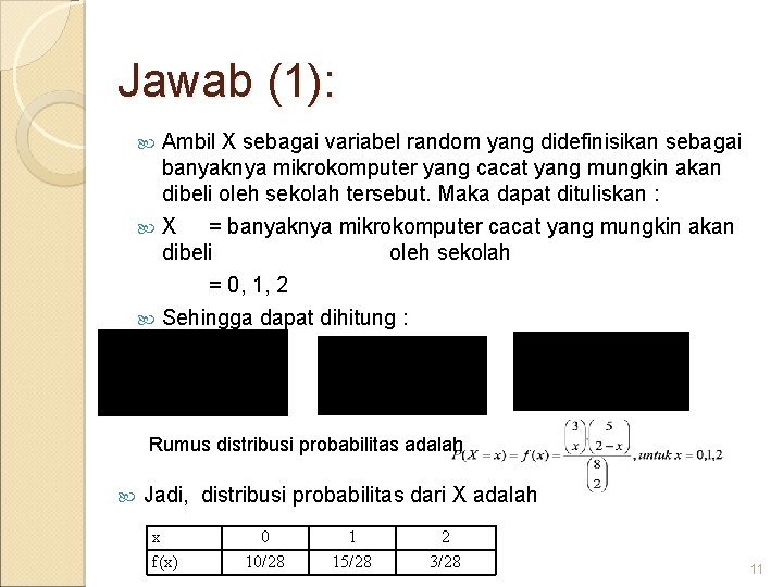 Jawab (1): Ambil X sebagai variabel random yang didefinisikan sebagai banyaknya mikrokomputer yang cacat