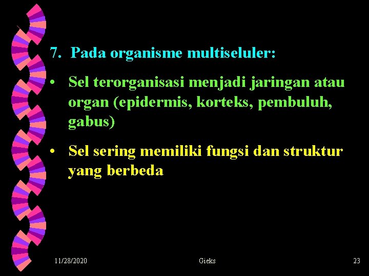 7. Pada organisme multiseluler: • Sel terorganisasi menjadi jaringan atau organ (epidermis, korteks, pembuluh,