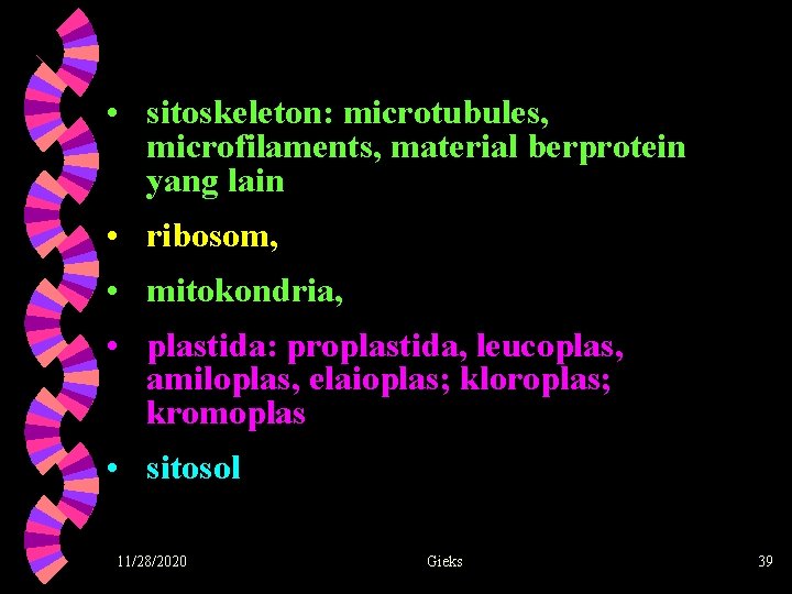  • sitoskeleton: microtubules, microfilaments, material berprotein yang lain • ribosom, • mitokondria, •