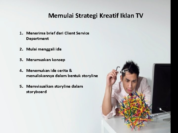 Memulai Strategi Kreatif Iklan TV 1. Menerima brief dari Client Service Department 2. Mulai