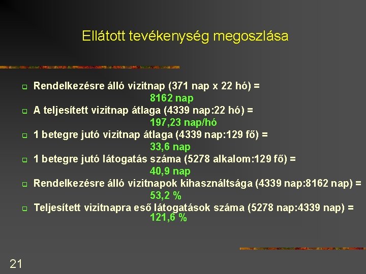 Ellátott tevékenység megoszlása q q q 21 Rendelkezésre álló vizitnap (371 nap x 22