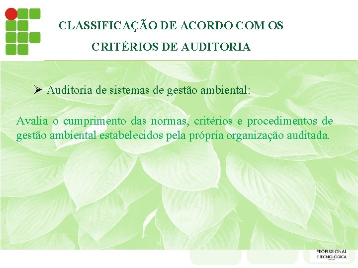 CLASSIFICAÇÃO DE ACORDO COM OS CRITÉRIOS DE AUDITORIA Ø Auditoria de sistemas de gestão