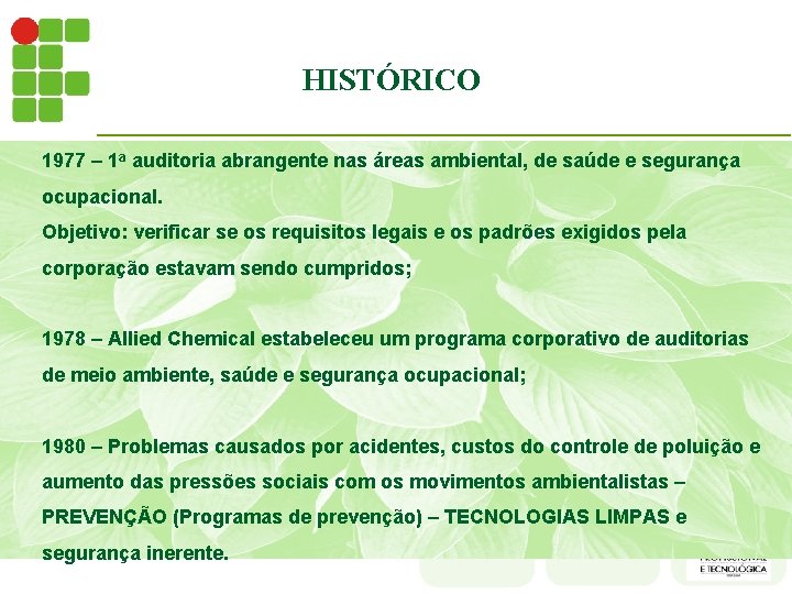 HISTÓRICO 1977 – 1 a auditoria abrangente nas áreas ambiental, de saúde e segurança