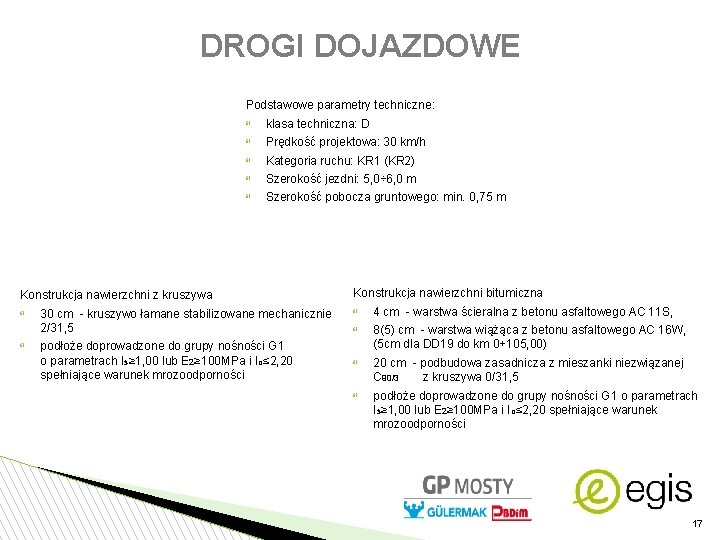 DROGI DOJAZDOWE Podstawowe parametry techniczne: klasa techniczna: D Prędkość projektowa: 30 km/h Kategoria ruchu: