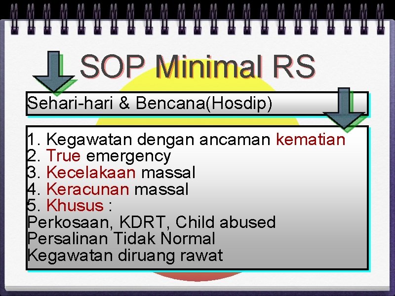 SOP Minimal RS Sehari-hari & Bencana(Hosdip) 1. Kegawatan dengan ancaman kematian 2. True emergency