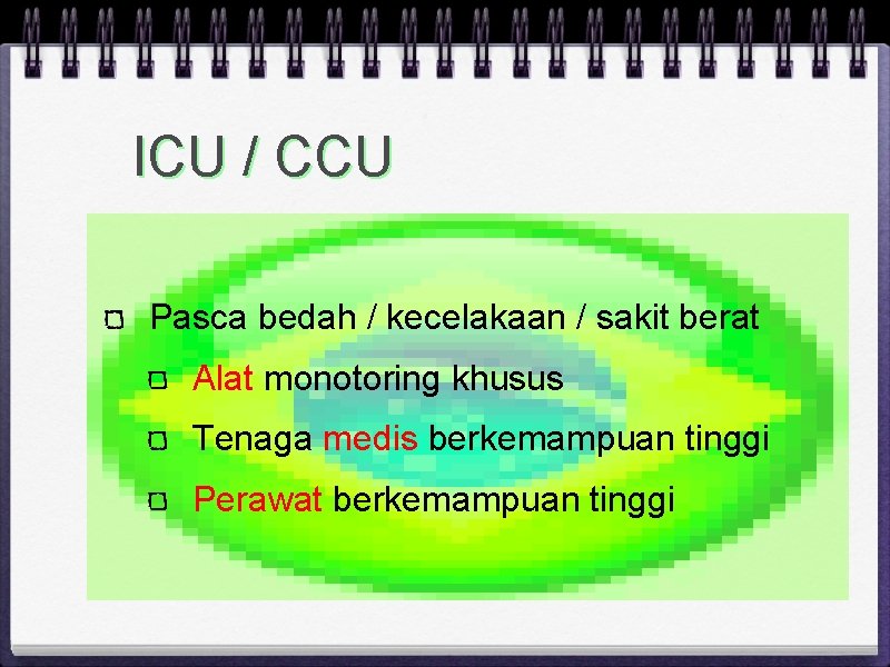 ICU / CCU Pasca bedah / kecelakaan / sakit berat Alat monotoring khusus Tenaga