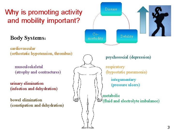 Disease Why is promoting activity and mobility important? Body Systems: cardiovascular (orthostatic hypotension, thrombus)
