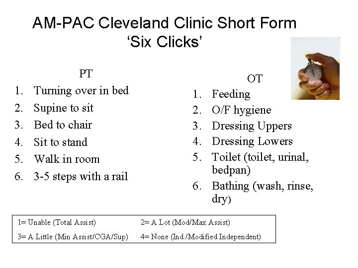 AM PAC Cleveland Clinic Short Form ‘Six Clicks’ 1. 2. 3. 4. 5. 6.