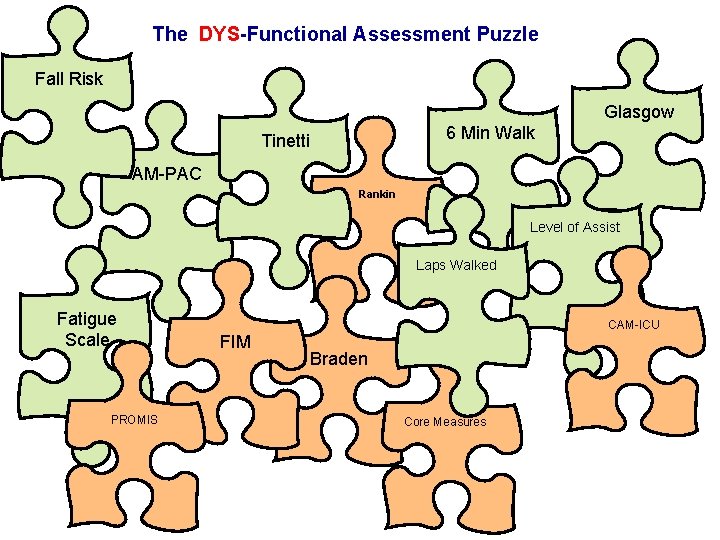 The DYS-Functional Assessment Puzzle Fall Risk Glasgow 6 Min Walk Glascow Tinetti AM PAC