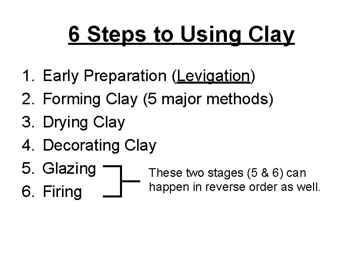 6 Steps to Using Clay 1. 2. 3. 4. 5. 6. Early Preparation (Levigation)