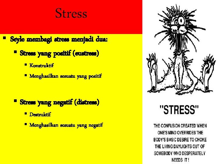 Stress § Seyle membagi stress menjadi dua: § Stress yang positif (eustress) § Konstruktif