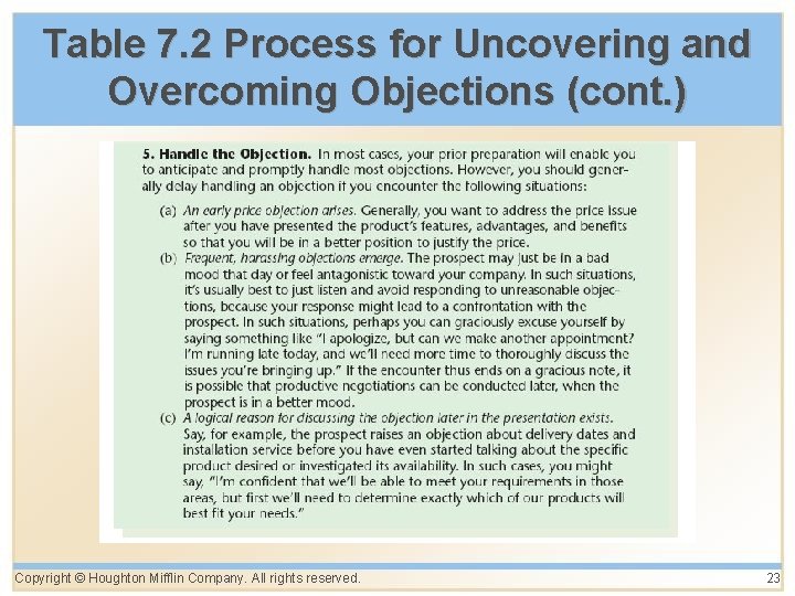 Table 7. 2 Process for Uncovering and Overcoming Objections (cont. ) Copyright © Houghton