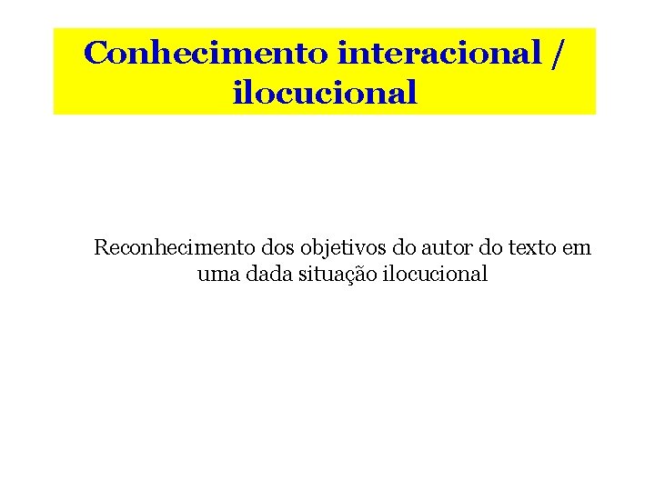 Conhecimento interacional / ilocucional Reconhecimento dos objetivos do autor do texto em uma dada