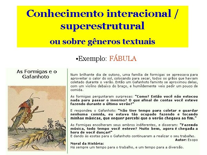 Conhecimento interacional / superestrutural ou sobre gêneros textuais • Exemplo: FÁBULA 