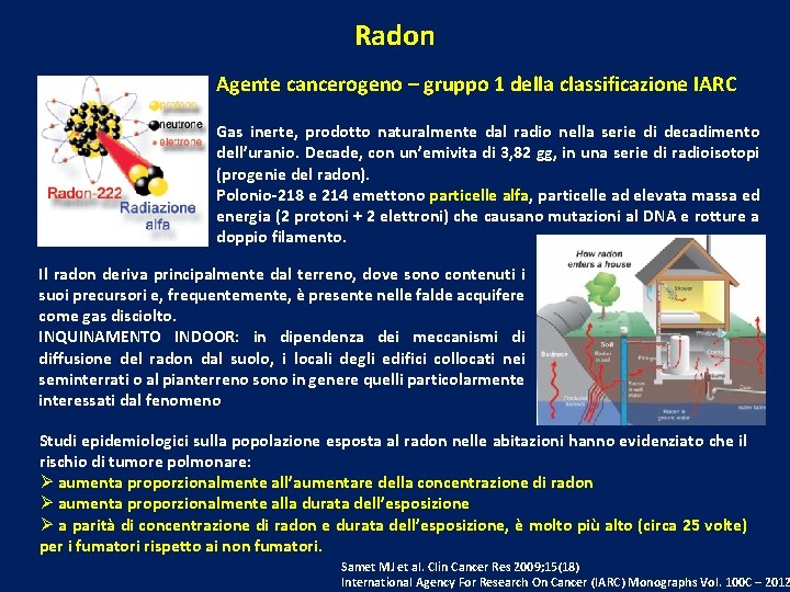 Radon Agente cancerogeno – gruppo 1 della classificazione IARC Gas inerte, prodotto naturalmente dal