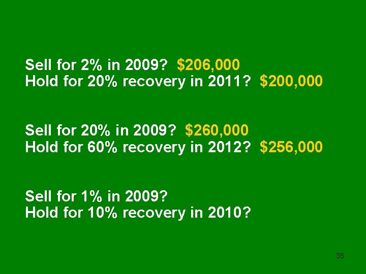 Sell for 2% in 2009? $206, 000 Hold for 20% recovery in 2011? $200,