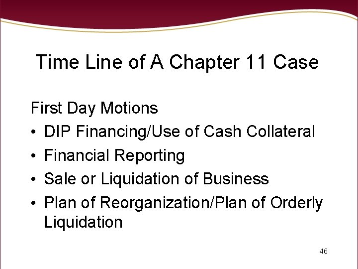 Time Line of A Chapter 11 Case First Day Motions • DIP Financing/Use of