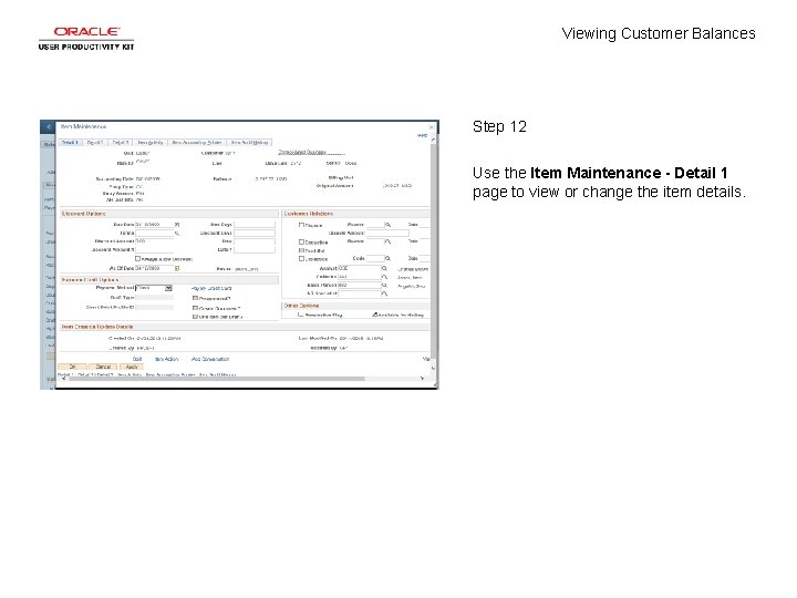 Viewing Customer Balances Step 12 Use the Item Maintenance - Detail 1 page to