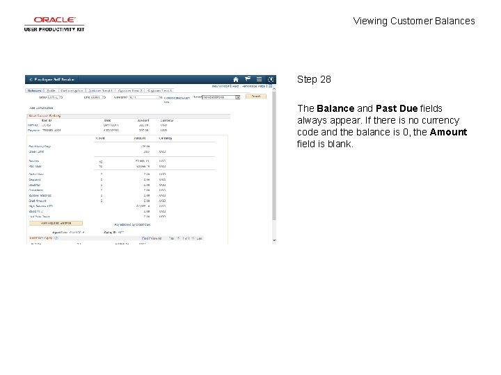 Viewing Customer Balances Step 28 The Balance and Past Due fields always appear. If