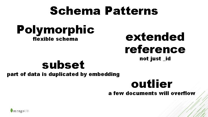 Schema Patterns Polymorphic extended reference flexible schema subset not just _id part of data