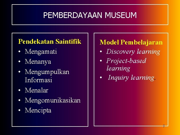 PEMBERDAYAAN MUSEUM Pendekatan Saintifik • Mengamati • Menanya • Mengumpulkan Informasi • Menalar •