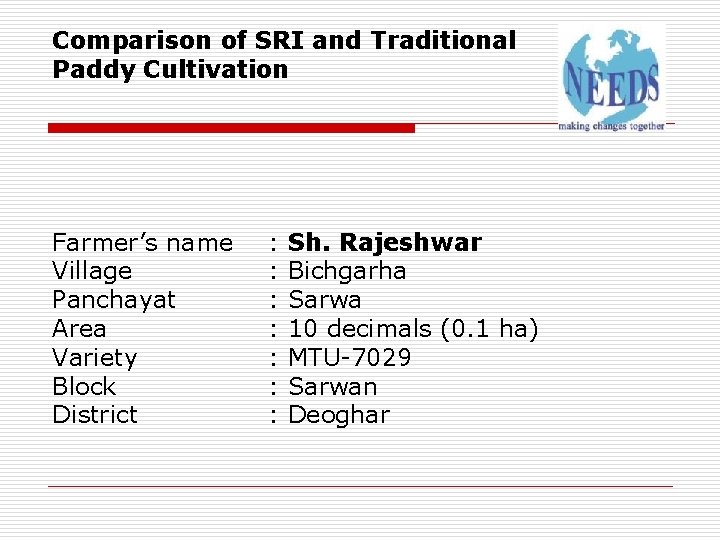 Comparison of SRI and Traditional Paddy Cultivation Farmer’s name Village Panchayat Area Variety Block