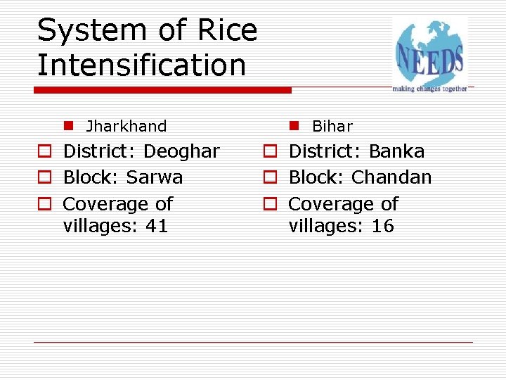 System of Rice Intensification n Jharkhand o District: Deoghar o Block: Sarwa o Coverage