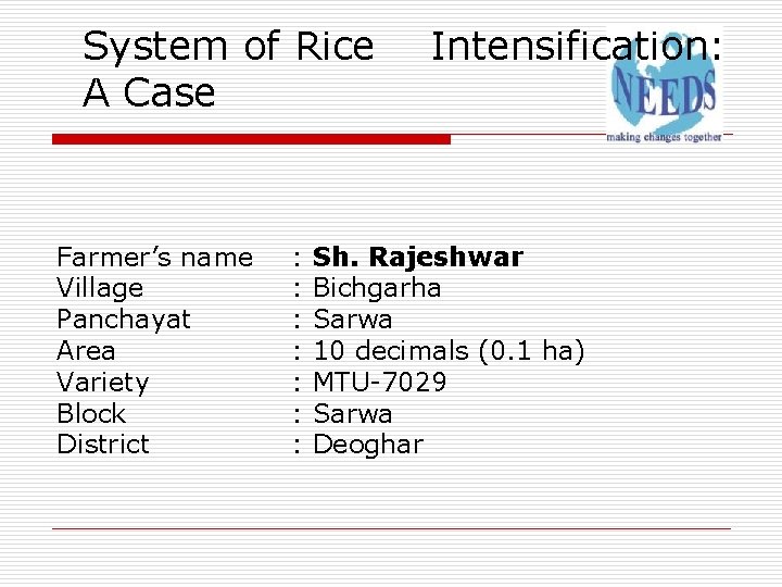 System of Rice A Case Farmer’s name Village Panchayat Area Variety Block District :