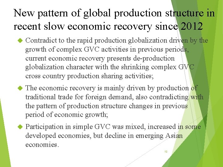 New pattern of global production structure in recent slow economic recovery since 2012 Contradict