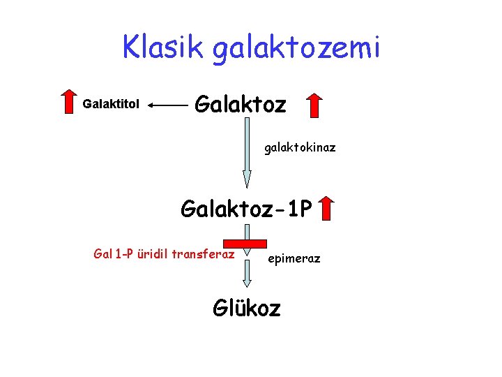 Klasik galaktozemi Galaktitol Galaktoz galaktokinaz Galaktoz-1 P Gal 1 -P üridil transferaz epimeraz Glükoz