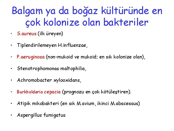 Balgam ya da boğaz kültüründe en çok kolonize olan bakteriler • S. aureus (ilk