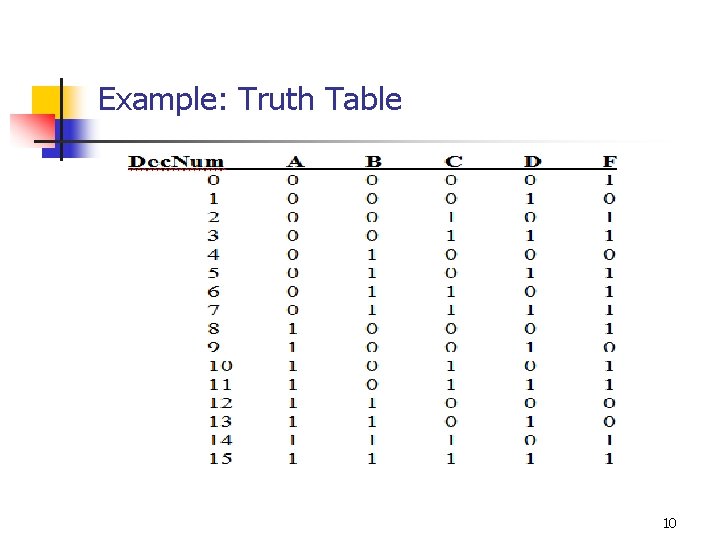 Example: Truth Table 10 
