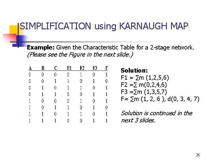 SIMPLIFICATION using KARNAUGH MAP Example: Given the Characteristic Table for a 2 -stage network.