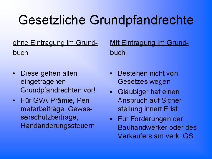 Gesetzliche Grundpfandrechte ohne Eintragung im Grundbuch Mit Eintragung im Grundbuch • Diese gehen allen