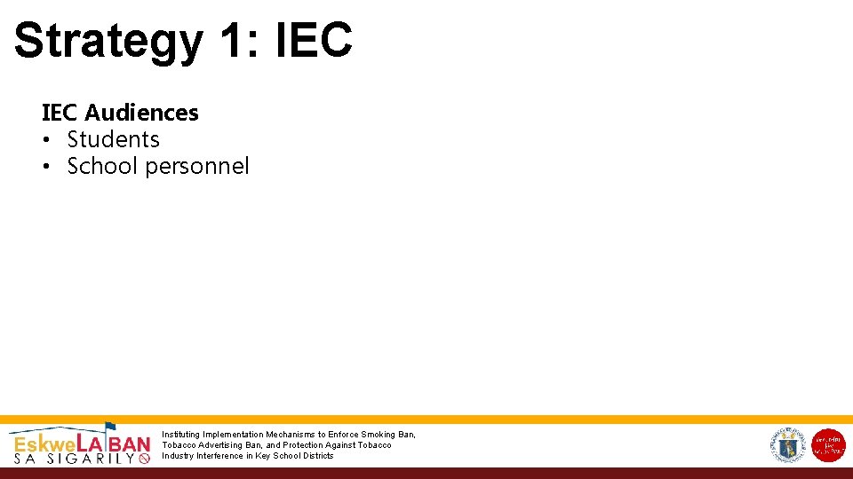 Strategy 1: IEC Audiences • Students • School personnel • Parents • Visitors in