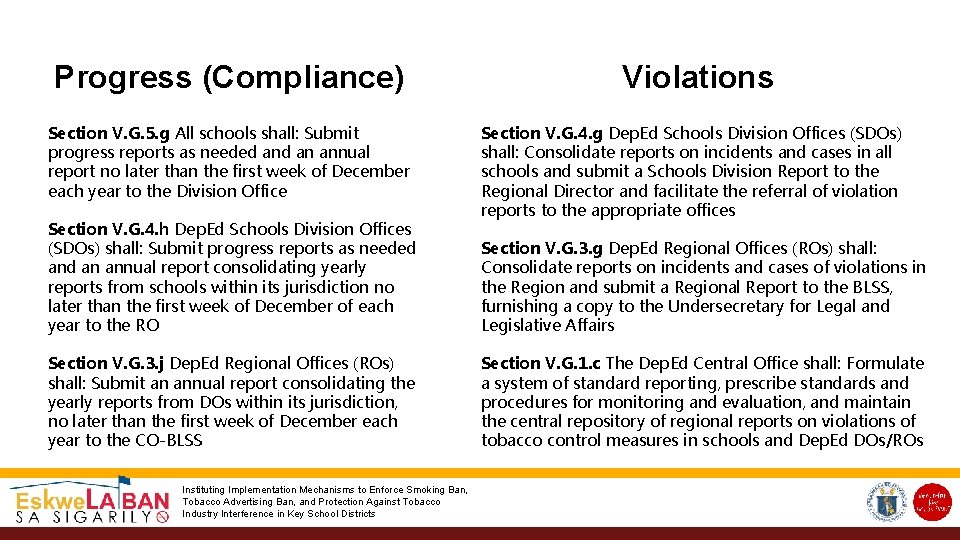 Progress (Compliance) Section V. G. 5. g All schools shall: Submit progress reports as