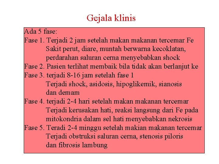 Gejala klinis Ada 5 fase: Fase 1. Terjadi 2 jam setelah makanan tercemar Fe