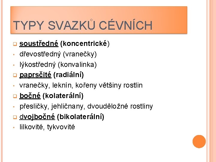 TYPY SVAZKŮ CÉVNÍCH soustředné (koncentrické) • dřevostředný (vranečky) • lýkostředný (konvalinka) q paprsčité (radiální)