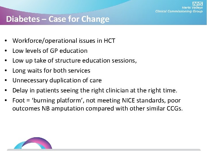 Diabetes – Case for Change • • Workforce/operational issues in HCT Low levels of