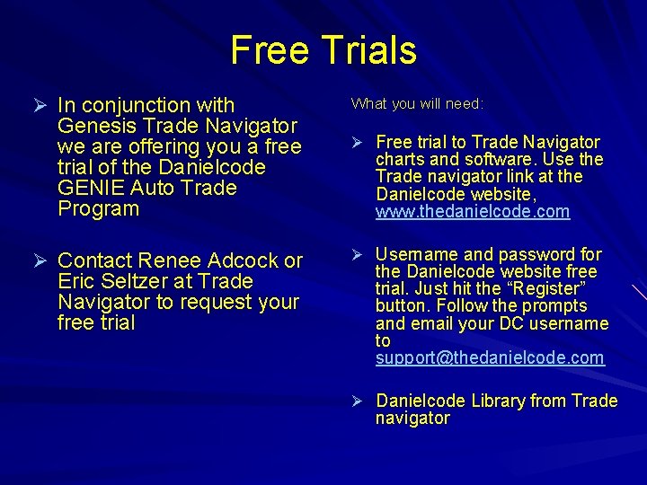 Free Trials Ø In conjunction with Genesis Trade Navigator we are offering you a