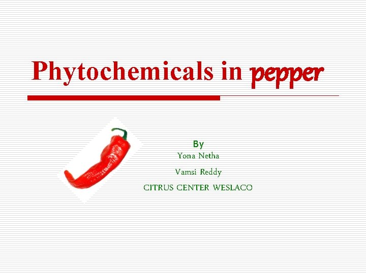 Phytochemicals in pepper By Yona Netha Vamsi Reddy CITRUS CENTER WESLACO 
