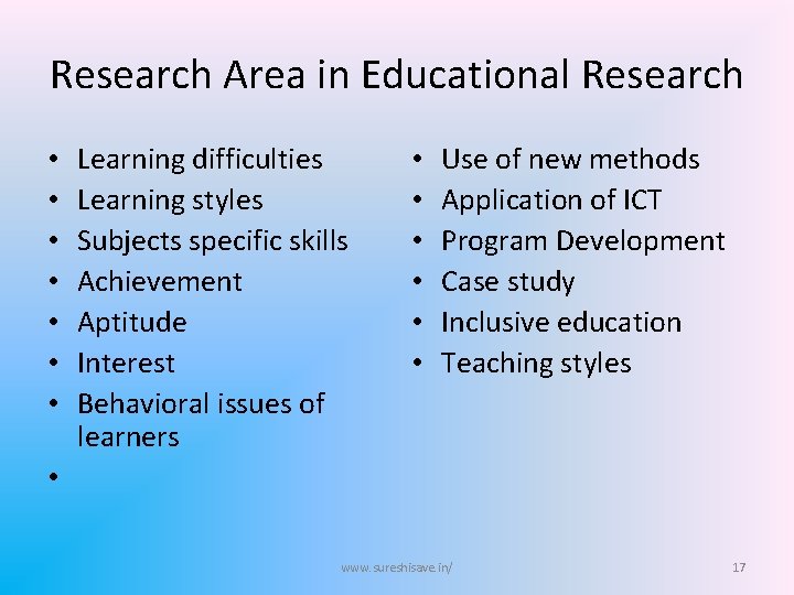 Research Area in Educational Research Learning difficulties Learning styles Subjects specific skills Achievement Aptitude