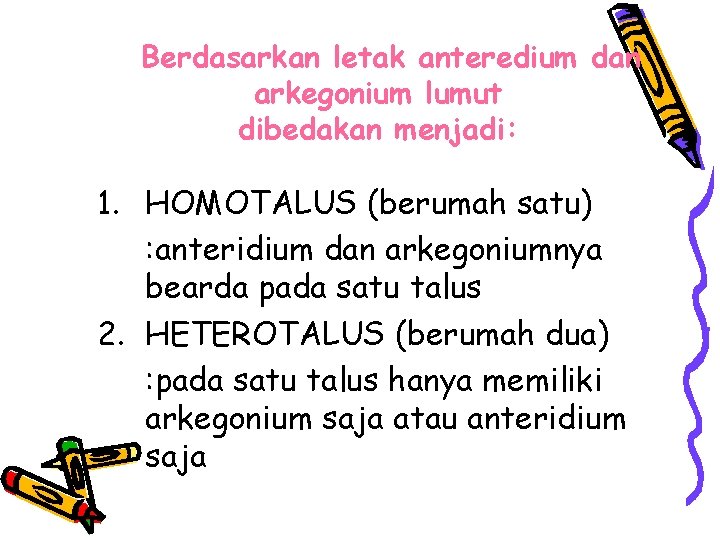 Berdasarkan letak anteredium dan arkegonium lumut dibedakan menjadi: 1. HOMOTALUS (berumah satu) : anteridium